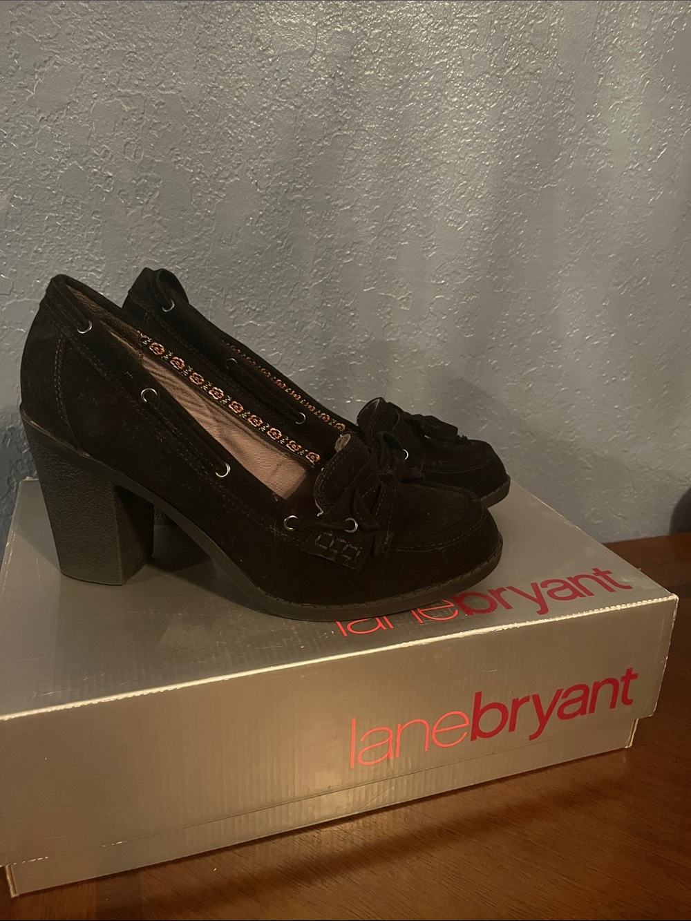 Lane Bryant Black Suede Block Heel Loafers with Bow Detail